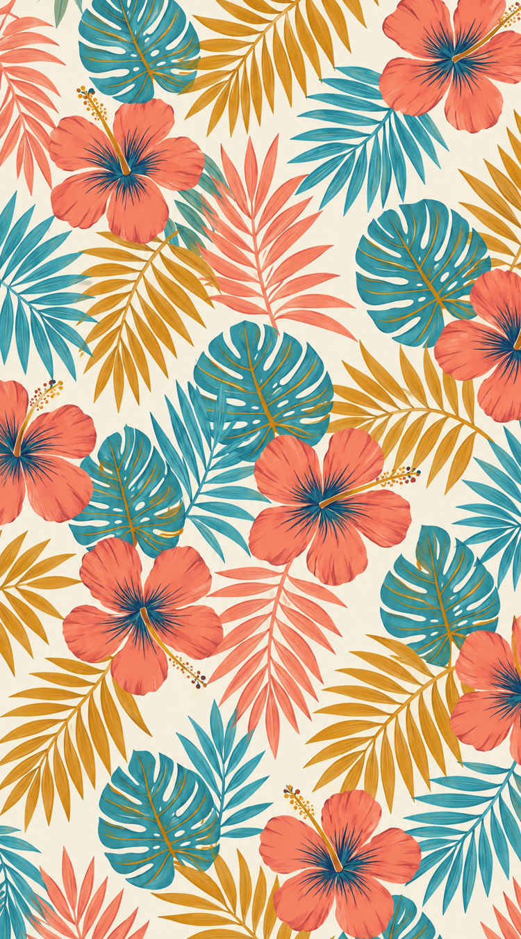 The tropical print extracted flat: coral hibiscus and teal leaves on cream