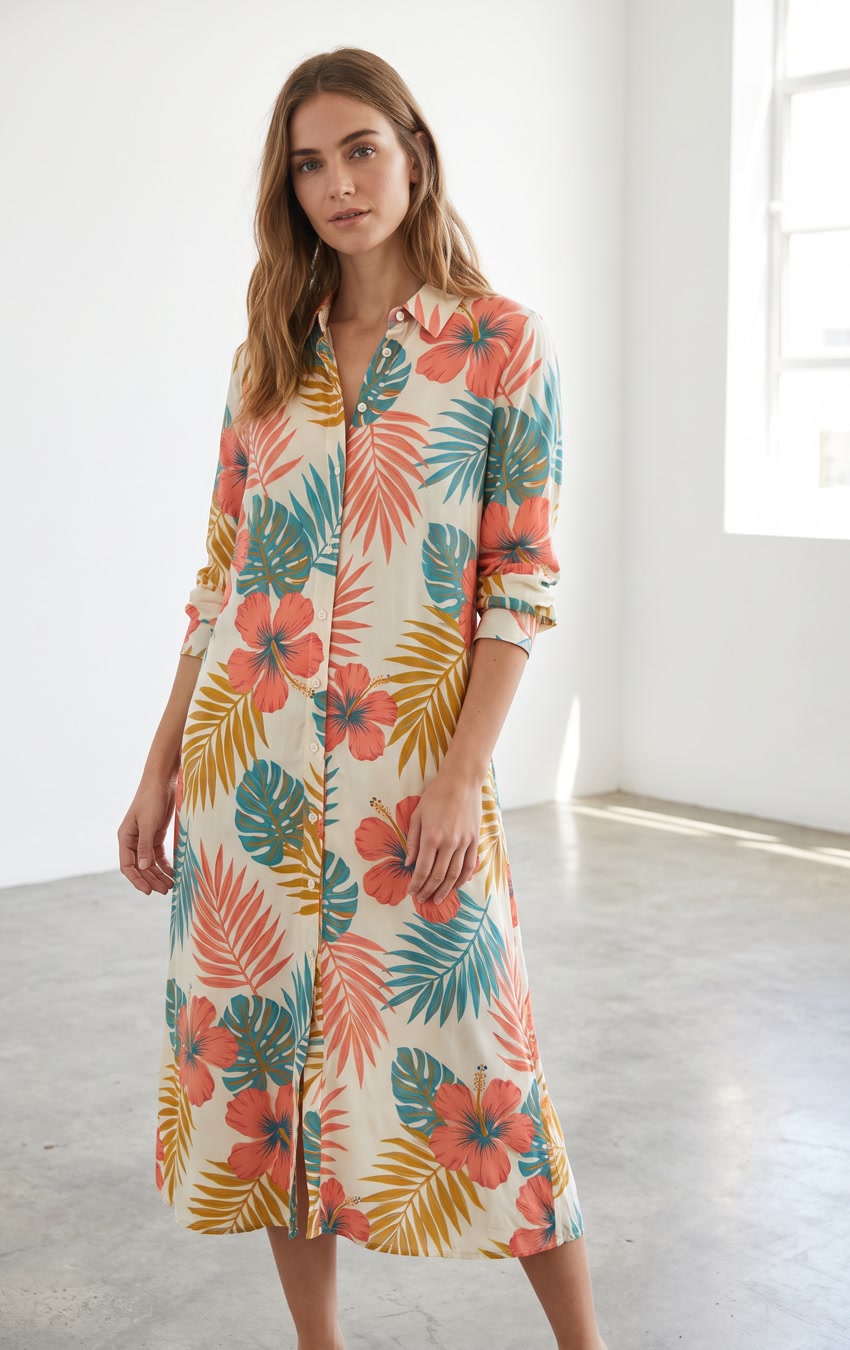 A woman in a long shirt dress with a coral and teal tropical print