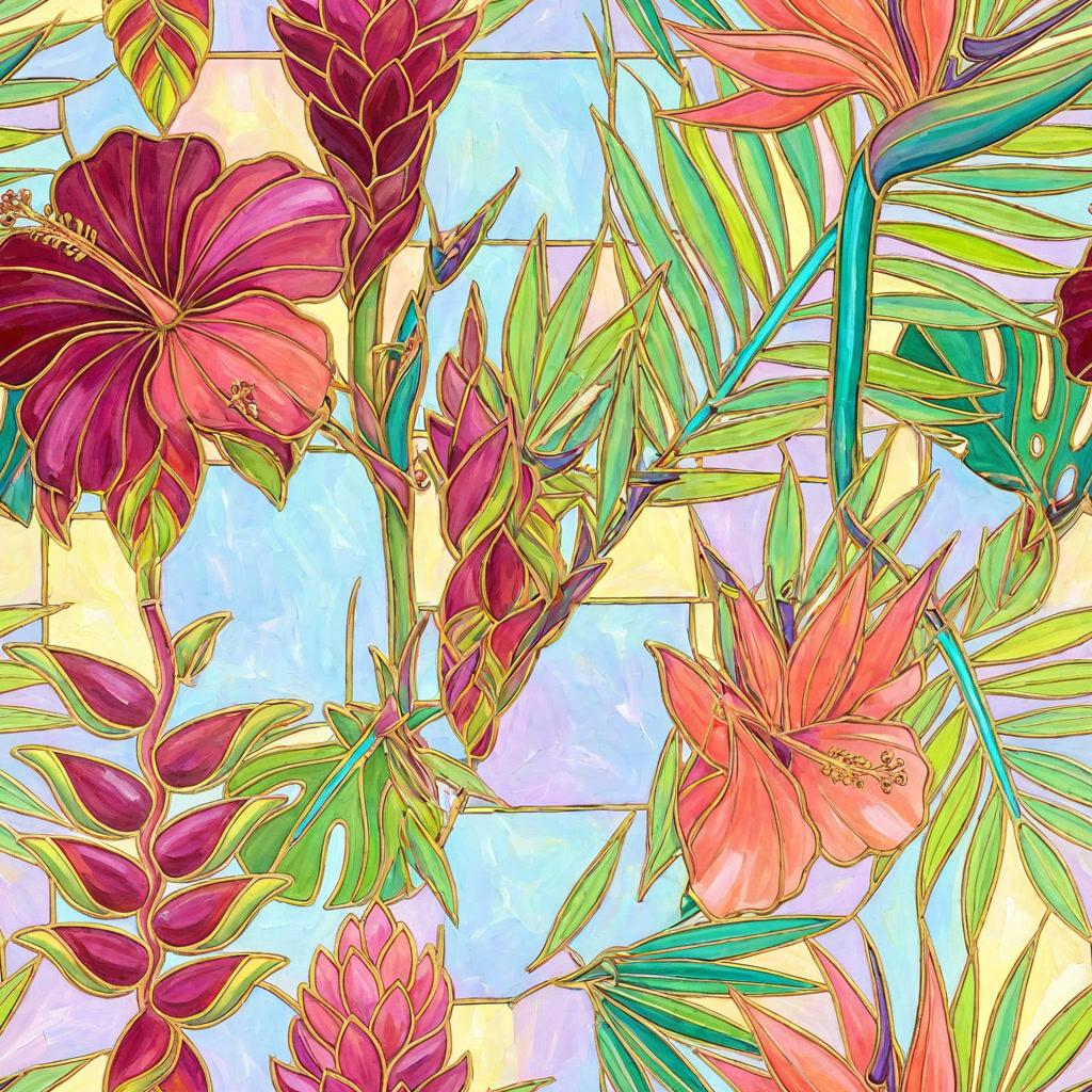A tropical print in stained-glass style: hibiscus, heliconia and palm leaves on pastel glass panes