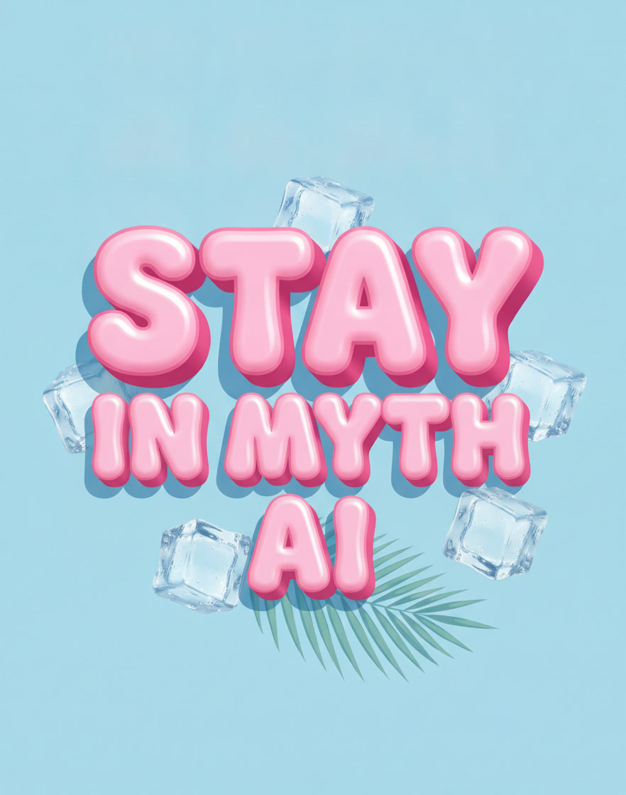 The same bubble lettering, ice and palm, now reading STAY IN MYTH AI