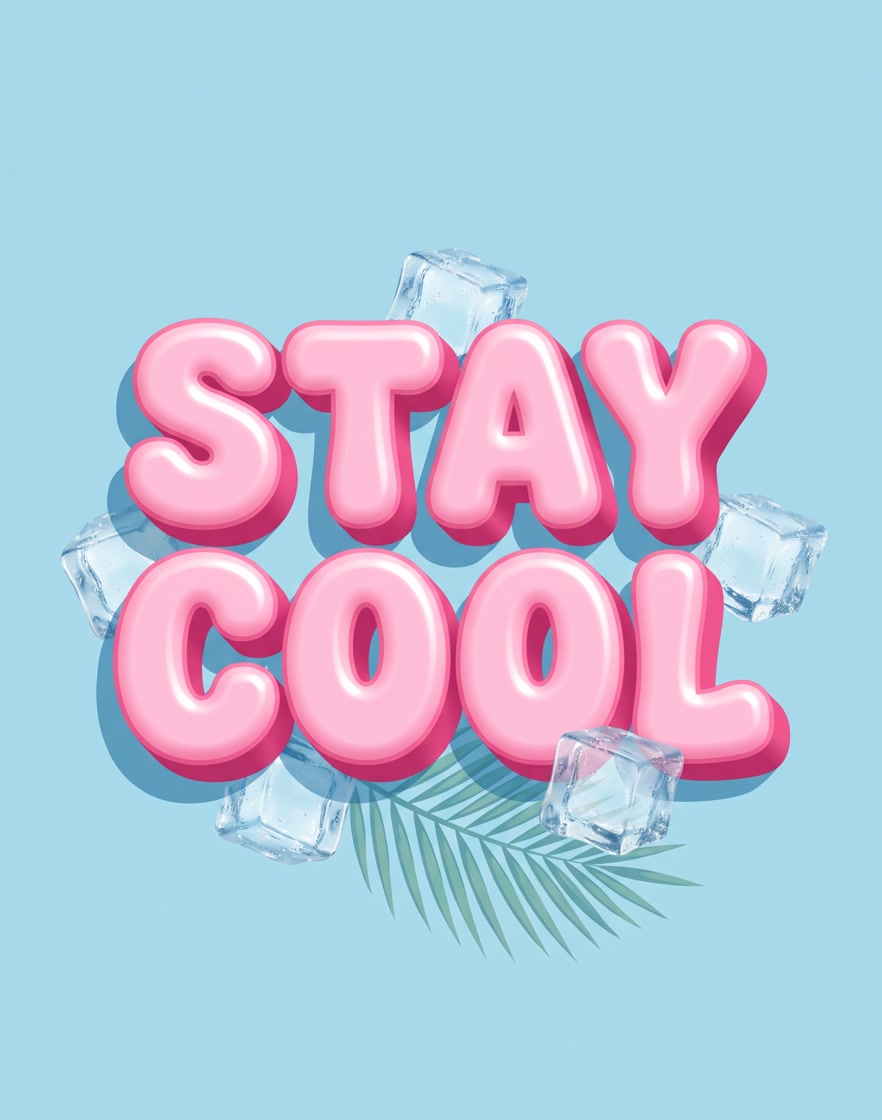Pink 3D bubble lettering reading STAY COOL on light blue, with ice cubes and a palm leaf