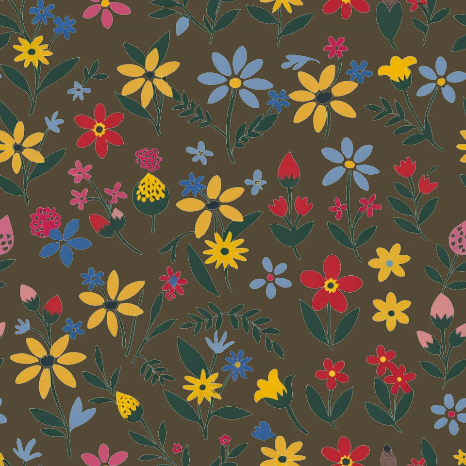Original: red, yellow and blue flowers with green leaves on an olive-brown ground