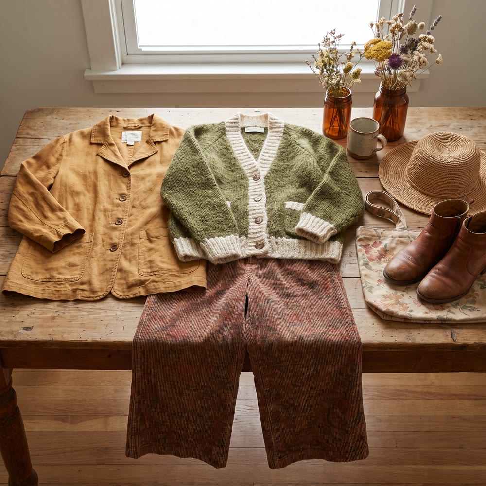 A women’s wear outfit laid out on a wooden bench: an ochre jacket, a green cardigan, patterned trousers, boots and a hat