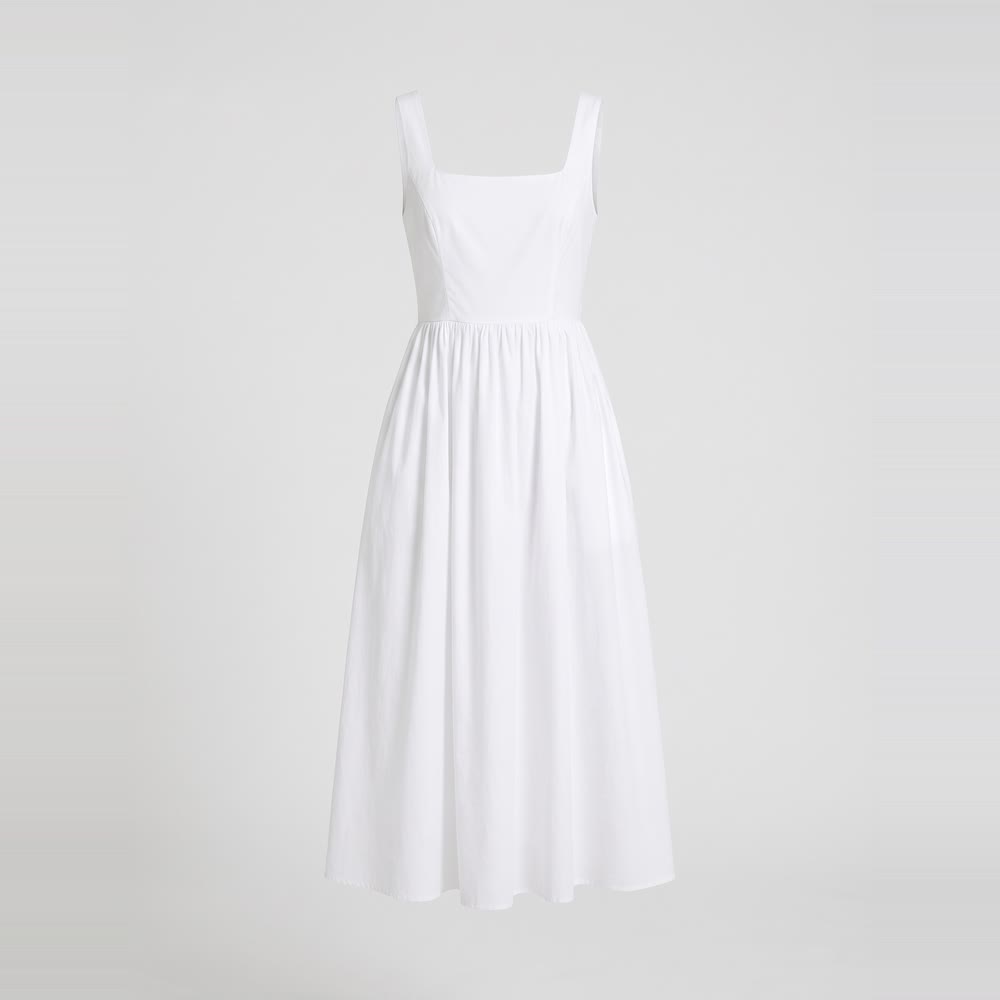 A white poplin A-line sundress on an invisible ghost mannequin