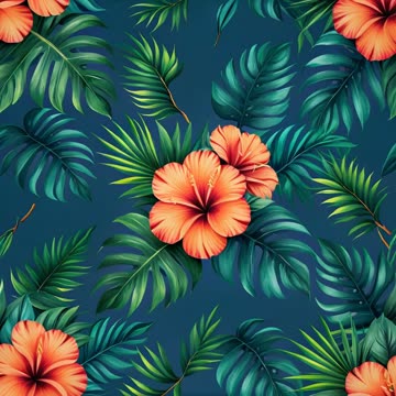 Coral hibiscus and palm leaf print on a deep teal ground