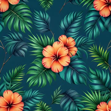 Orange hibiscus print with palm fronds on dark teal