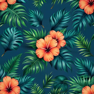 Orange hibiscus and tropical leaf print on blue