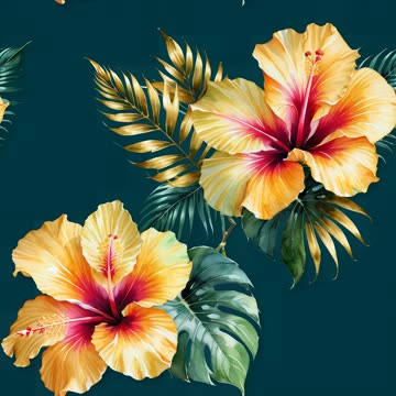 Golden hibiscus and palm leaf print on dark teal