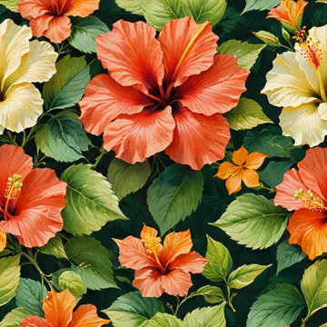 Red and cream hibiscus print with green leaves