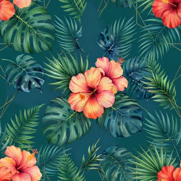 Hibiscus and monstera leaf repeat on teal