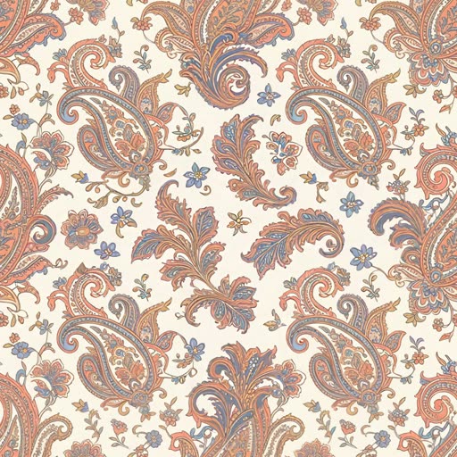 A paisley print in rose and blue on cream, open on its design page in MYTH Digi