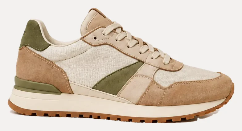 Product photo: a sneaker in cream, tan and olive