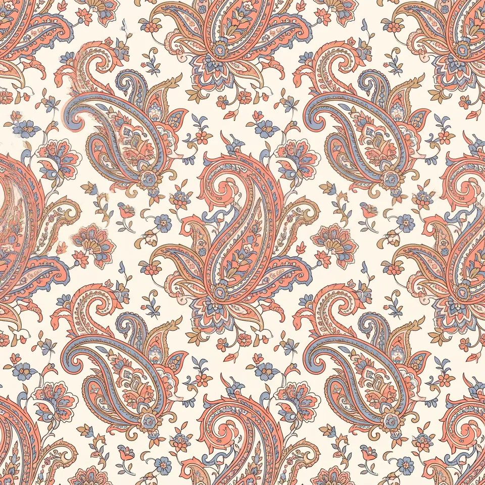 Rust and coral paisley on an ivory ground