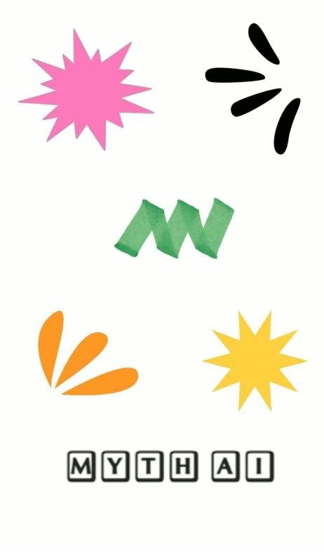 Six separate motifs on white: a pink burst, black strokes, a green zigzag, orange petals, a yellow star and MYTH AI lettering