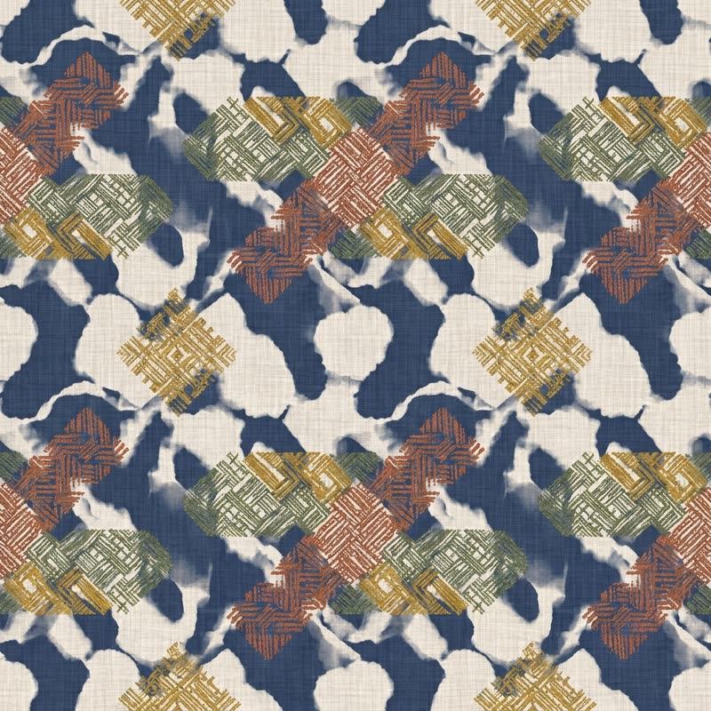 Print: an abstract camouflage in navy, rust and sand