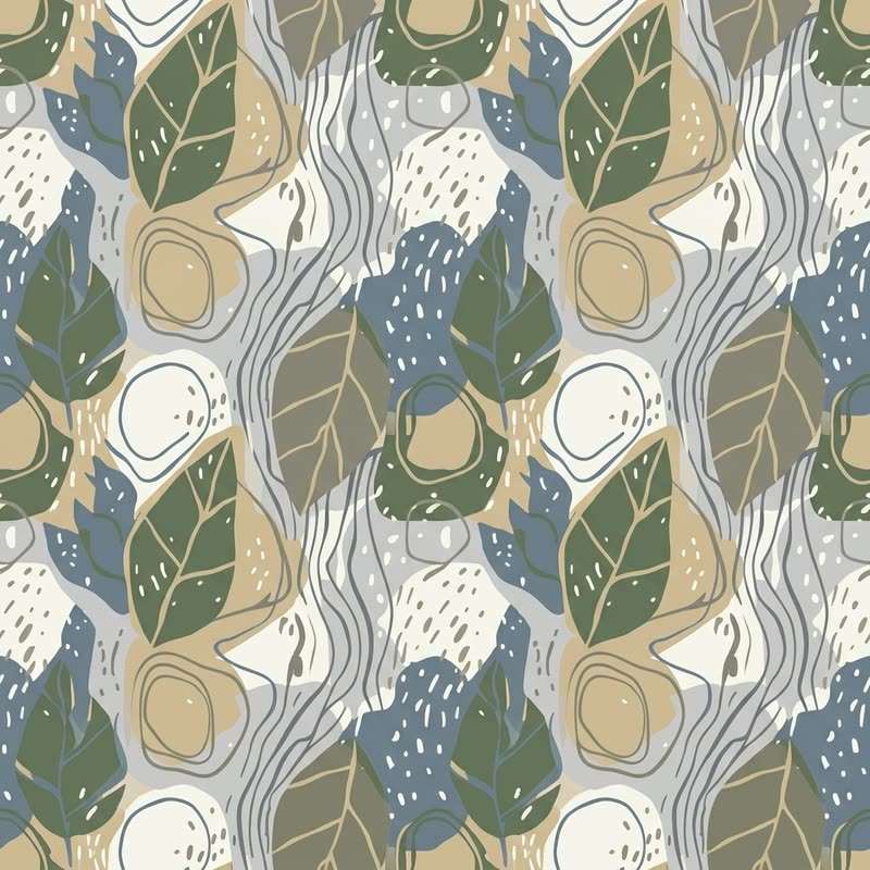 Print: sage and olive leaves with cream contour lines