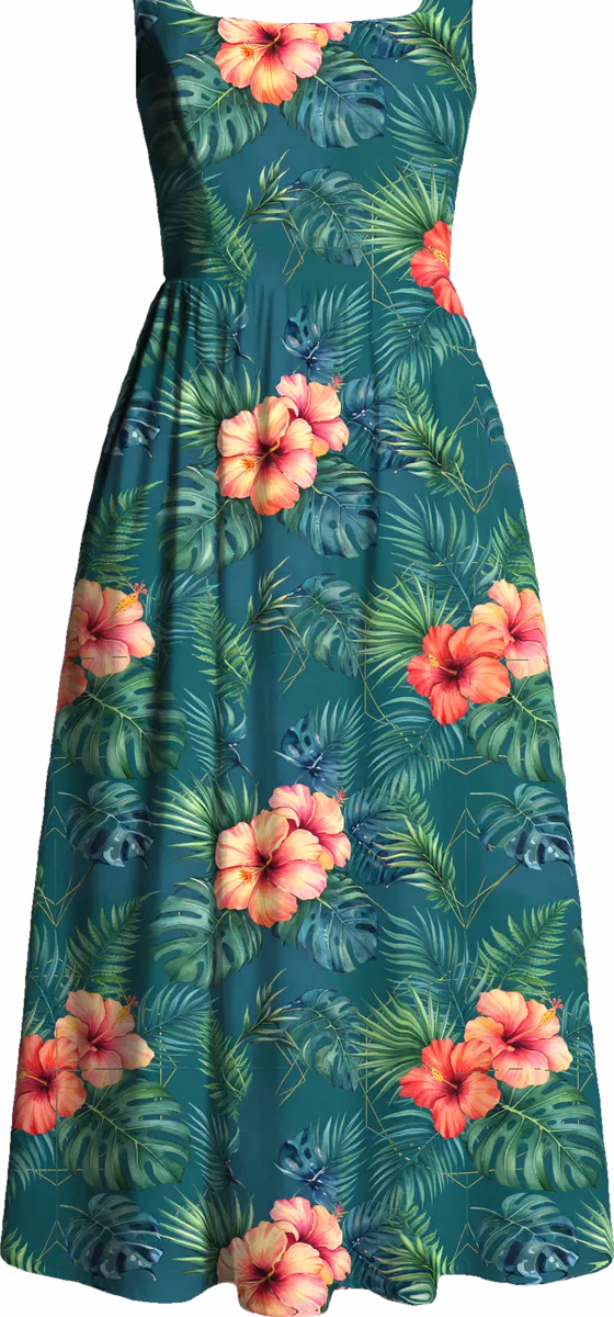 The garment: a sundress in a hibiscus print