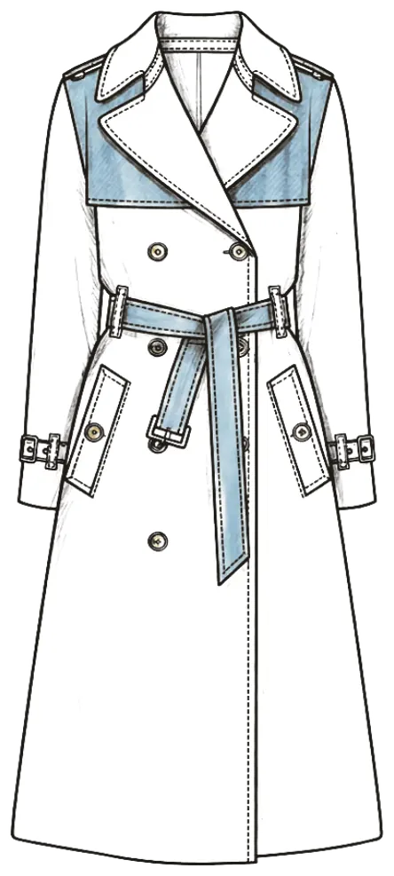 Sketch: a coloured trench-coat drawing with a denim yoke and belt