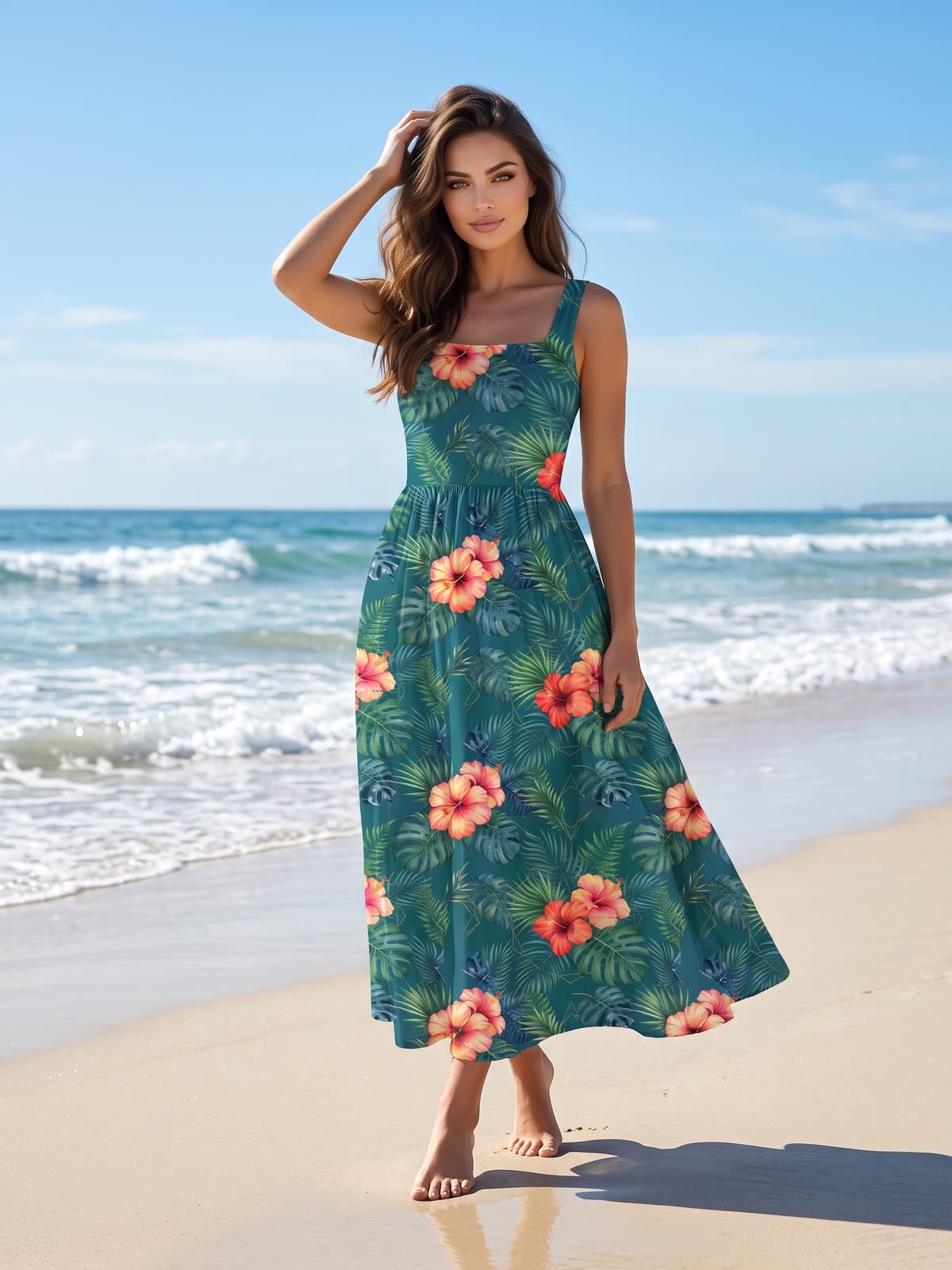 The same model and dress on a beach