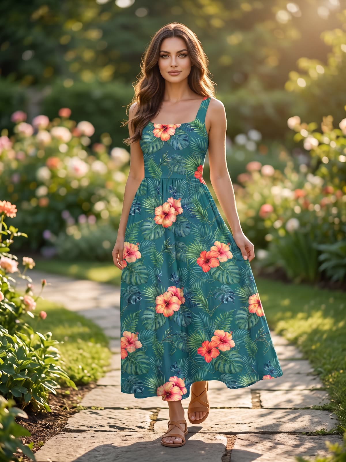 The same model and dress on a garden path