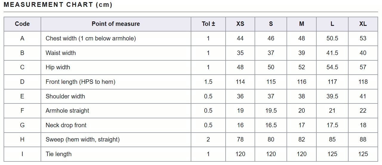 A tech pack measurement chart: points of measure A to I with tolerances and values for sizes XS to XL