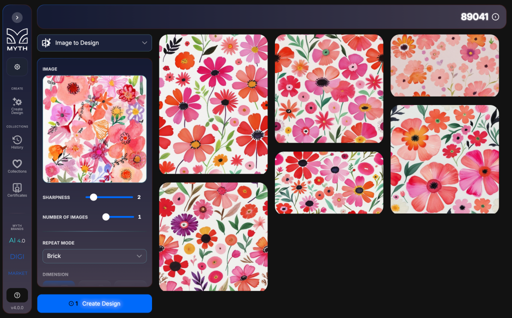 AI flower pattern, watercolor floral print, gouache textile design, ikat pattern generator, AI textile design, MYTH AI, AI fashion design, floral rapport, blockprint generator, pattern design software, print-ready patterns, instant textile design